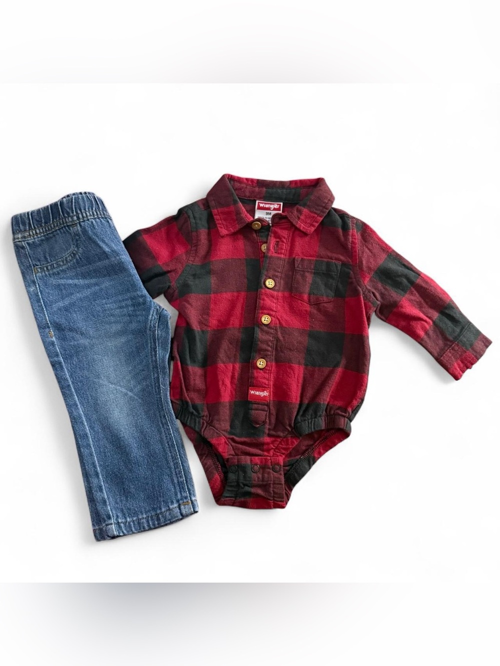 Wrangler 9 Months Red and Black Plaid Onesie Set